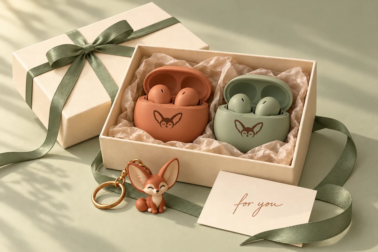 Product concept: Terracotta + Sage earbuds in the Fennec Fox gift box