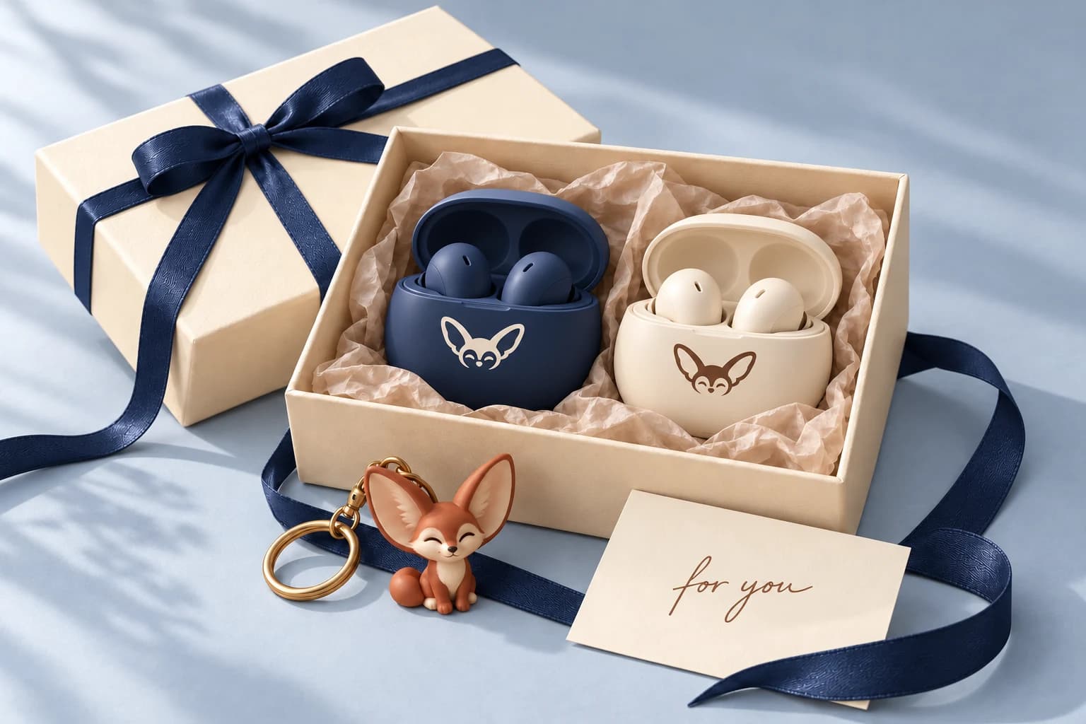 Product concept: Navy + Pearl earbuds in the Fennec Fox gift box