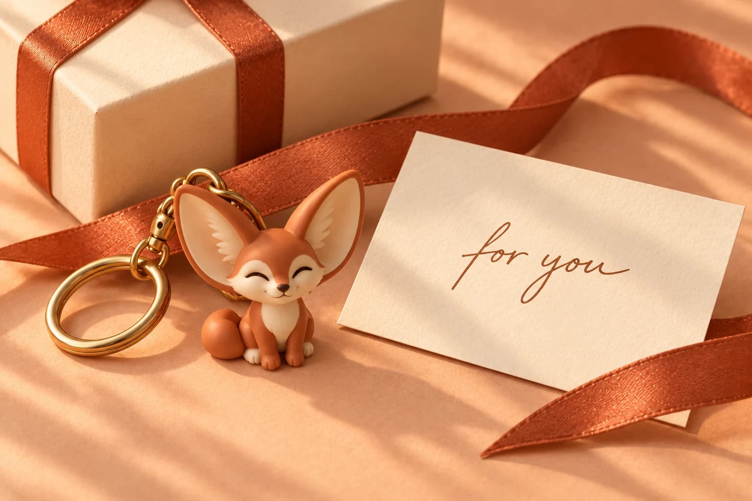 Product concept: a terracotta fennec fox charm beside an ivory note card reading for you, with rust ribbon