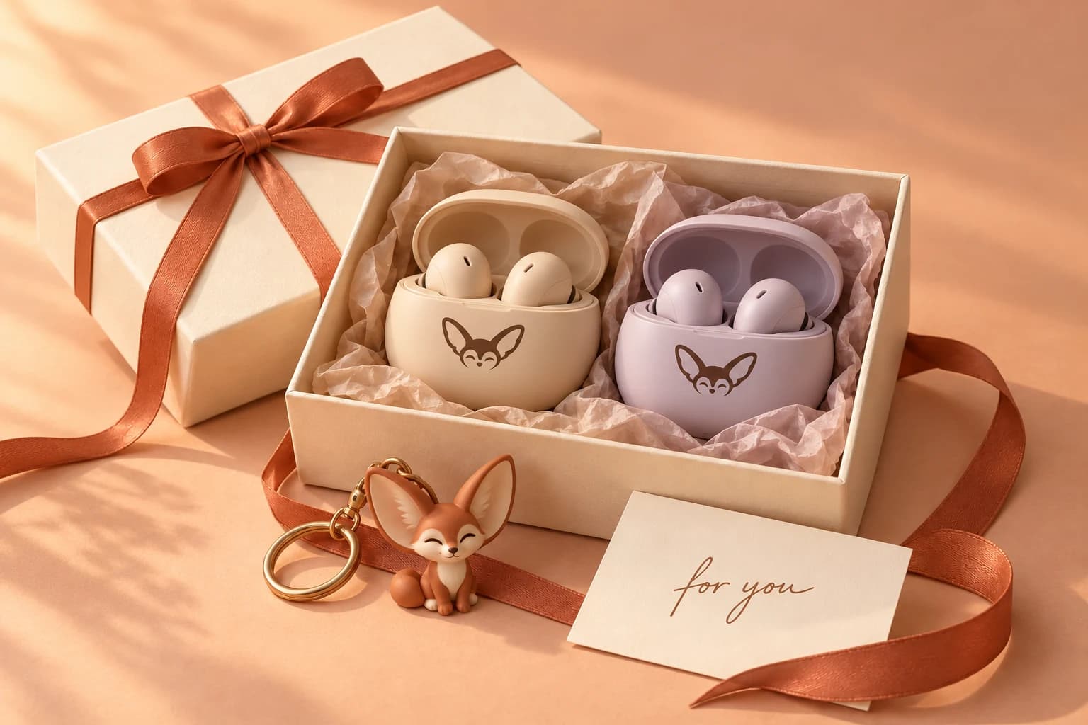 Product concept: sand and lilac earbuds in a keepsake box, with a terracotta ribbon, personal note card and fox charm
