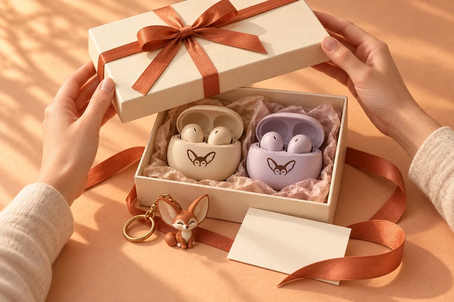 Product concept: hands lift the ribbon-tied lid from a keepsake box containing sand and lilac earbuds
